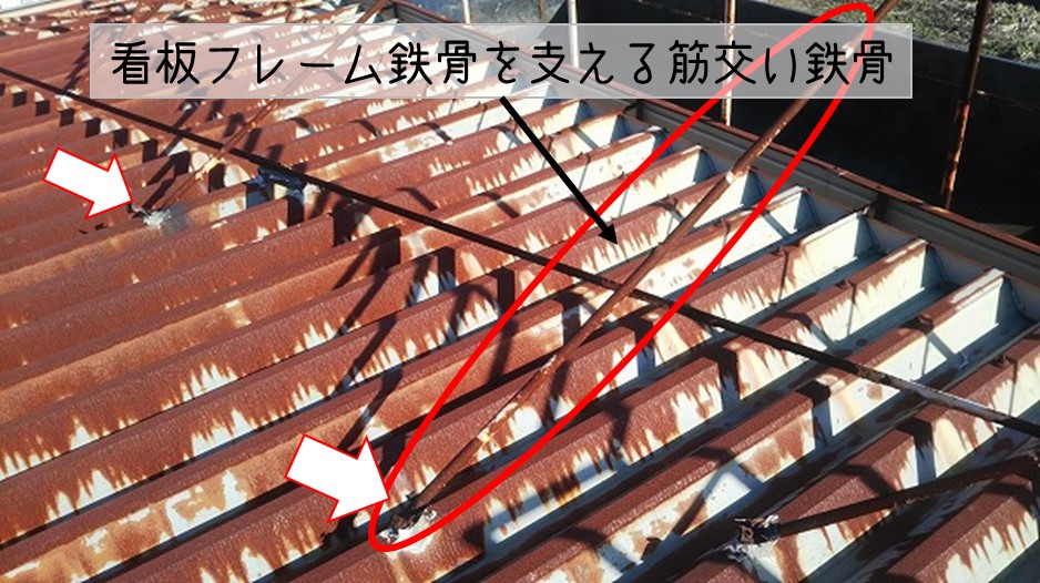 呉市　空きプレハブ店舗　雨漏り調査　折半屋根の上　看板フレーム鉄骨 筋交い鉄骨